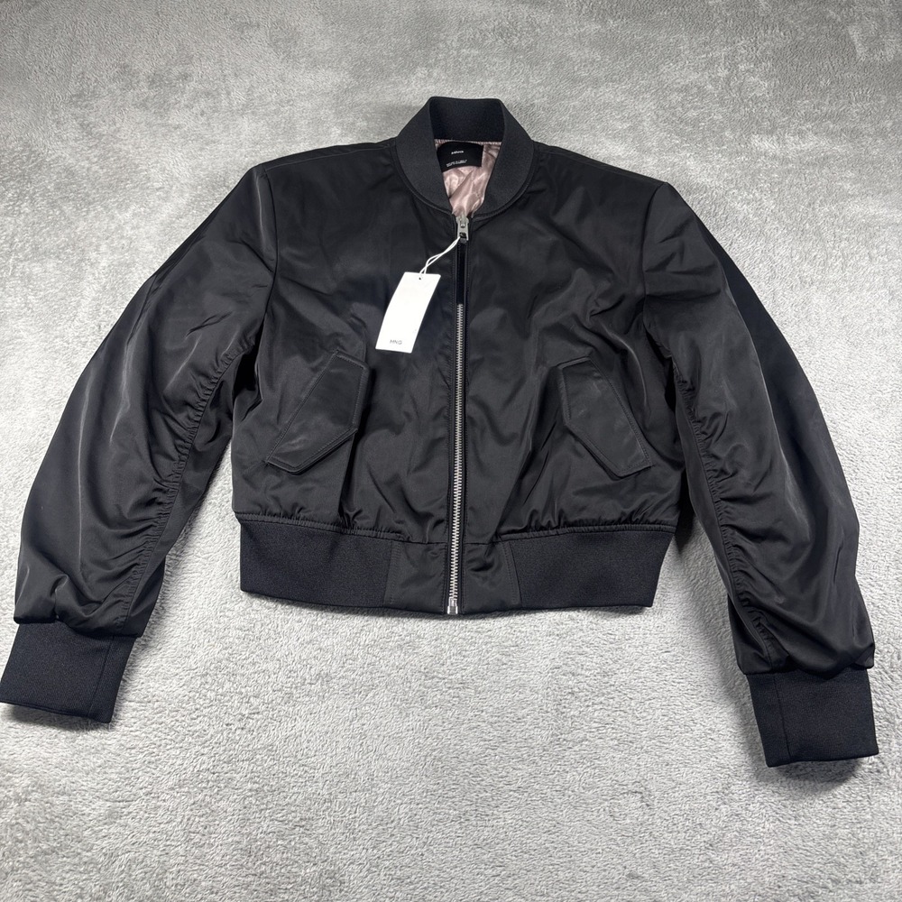 MNG Mango Women's Bomber Jacket Zip Up Quilted Lined Black Size Medium New